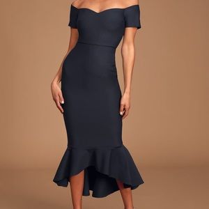 Lulus How Much I Care Midnight Blue Off-the-Shoulder Midi Dress
